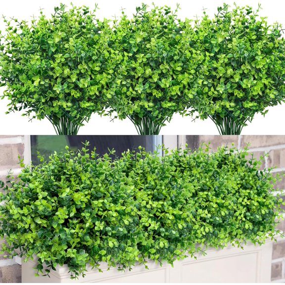 24 Bundles Greenery Artificial Plants Outdoors, Euc Stems UV Resistant Fake Foliage Faux Boxwood Shrubs Indoor Decorations Flowers for Garden Pot Porch Fence Hanging Planter