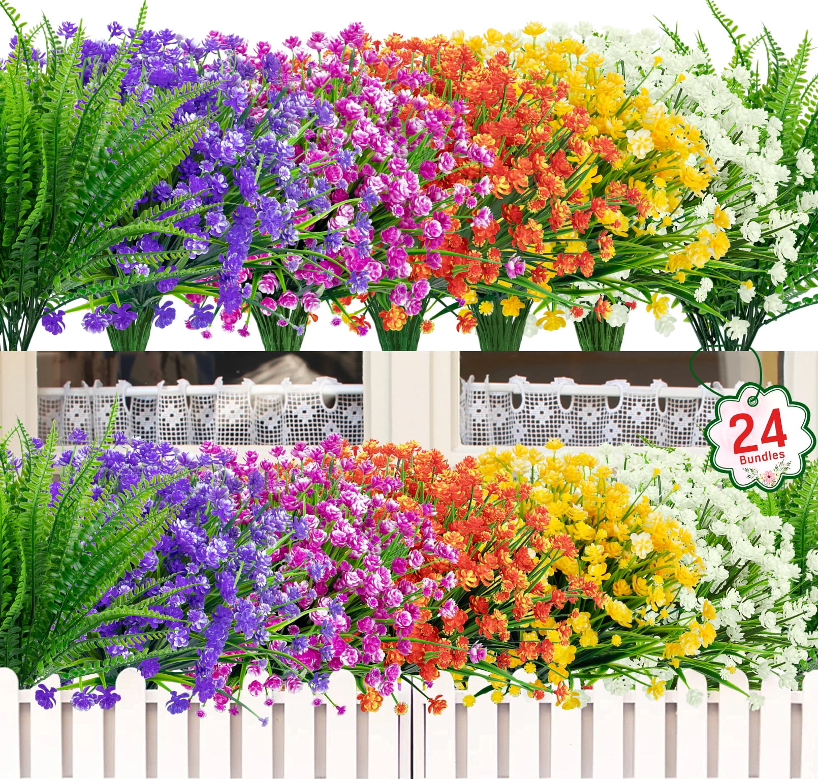 24 Bundles Outdoor Artificial Flowers Colorful Faux UV Resistant