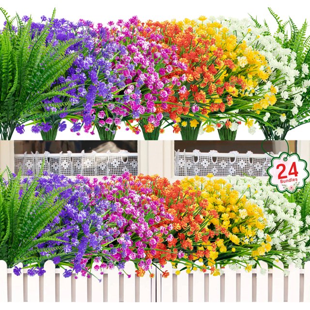 24 Bundles Outdoor Artificial Flowers Colorful Faux UV Resistant