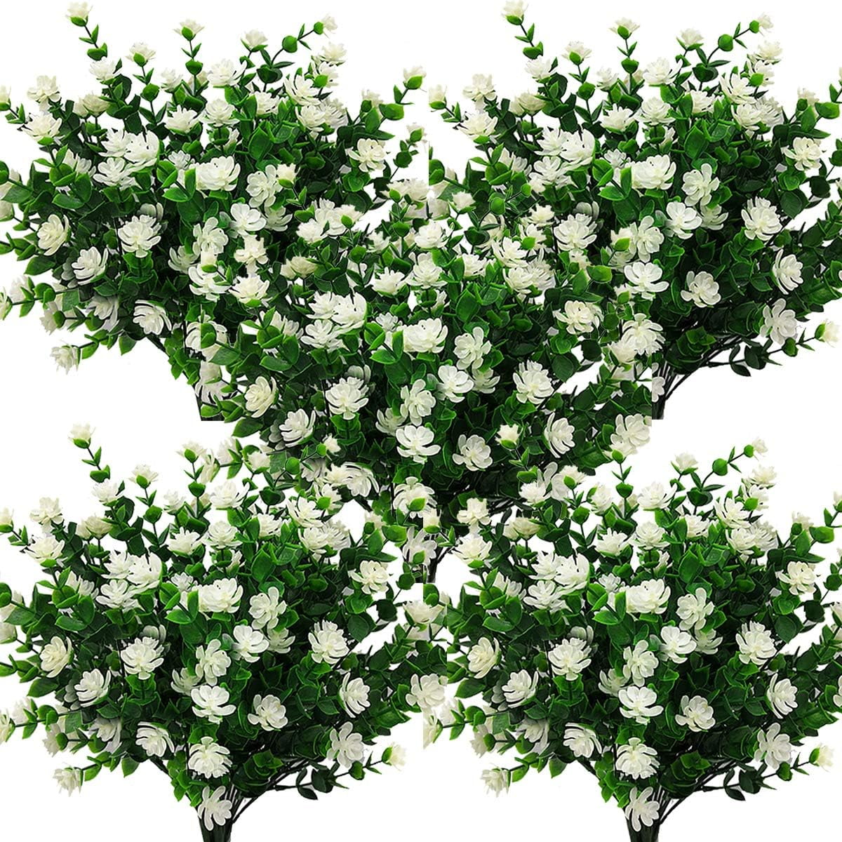 24 Bundles Outdoor Artificial Flowers UV Resistant Faux Plastic Plants Outside Indoor Fake Hanging Greenery Shrubs Arrangement for Backyard Window Box Porch Home Patio Decoration (White-Eucalyptus)