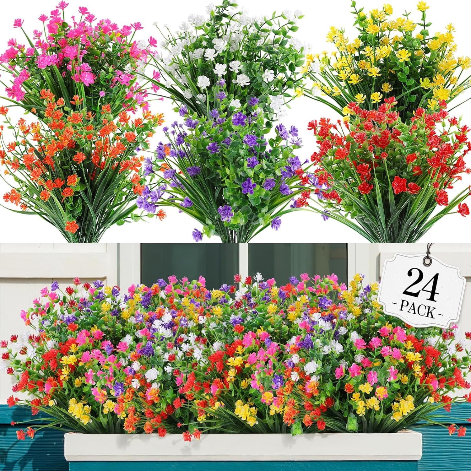 24 Bundles UV-Resistant Artificial Flowers Outdoor, No Fade Faux Plastic Plants for Indoor/Outdoor Decoration, Hanging Planters, Garden Porch Window Box, Farmhouse Home Wedding Decor