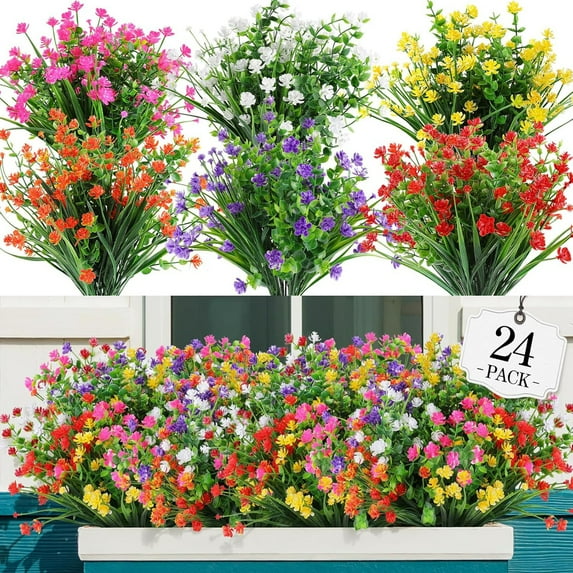 24 Bundles Artificial Flowers for Outdoor Decoration,No Fade Fake Plastic Flowers Faux Plants for Hanging Planters Indoor Outside Garden Porch Window Box Home Farmhouse Wedding