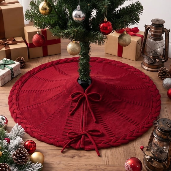 24" Burgundy Red Christmas Tree Skirt, Mini Maroon Knit Table Top Skirt for Small Trees, Vintage Farmhouse Xmas Valentines Tree Decorations