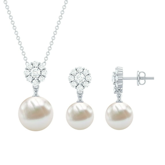 Rosec Jewels 24 CT Freshwater Pearl Drop Jewelry Set with Moissanite, Floral Jewelry Set for Women, 10K White Gold