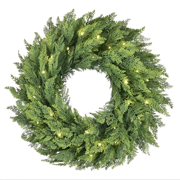My Texas House Pre-Lit Cypress Artificial Christmas Wreath, Green, 24"