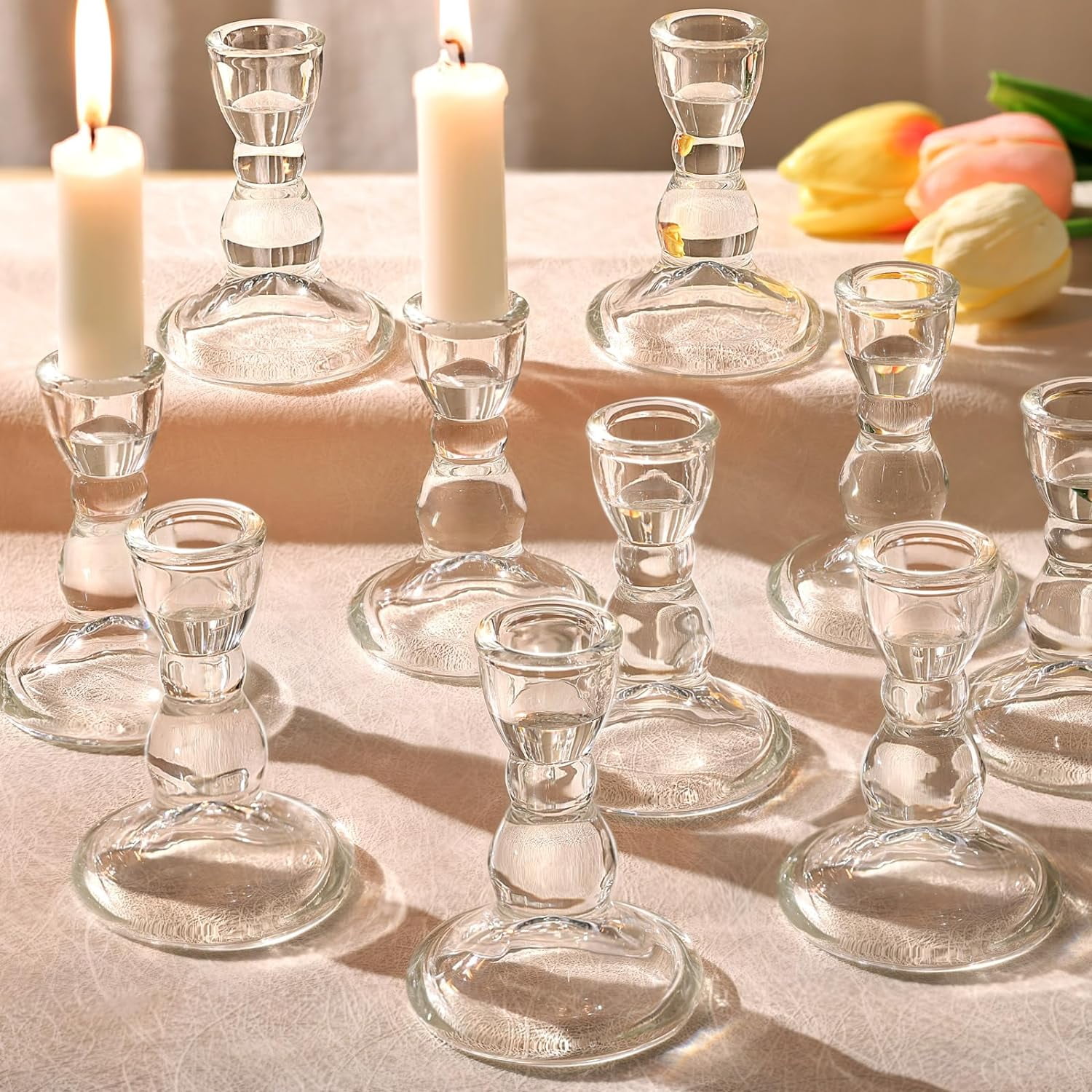 24 Candlestick Holders Bulk, Clear Taper Candle Holders, Glass Candle