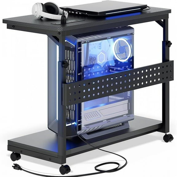 24" Carbon Fiber Height Adjustable PC Tower Cart with Wheels and Power Strips, Mobile Rolling CPU Holder, Side Stand for Computer Desk