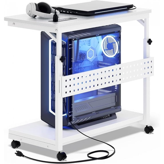 24" Carbon Fiber Height Adjustable PC Tower Cart with Wheels and Power Strips, Mobile Rolling CPU Holder, Side Stand for Computer Desk