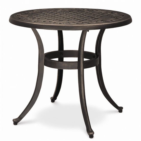 24" Cast Aluminum Outdoor Side Table, All Weather Round Patio Coffee Table, Porch Bistro End Table, Bronze