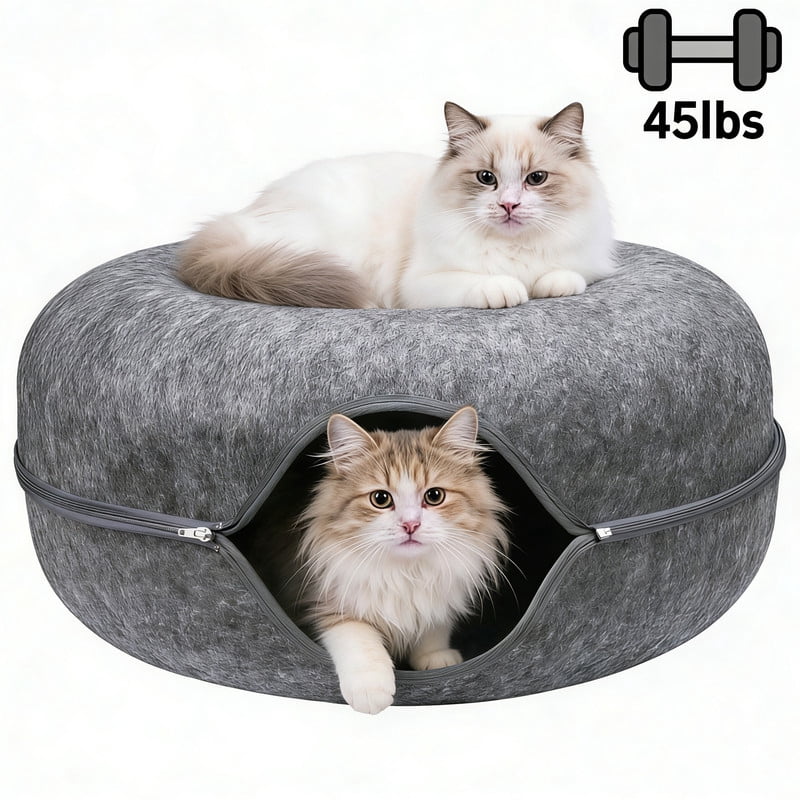 24" Cat Cave Bed for Large Cats – Felt Cat Tunnel Bed, Dark Gray