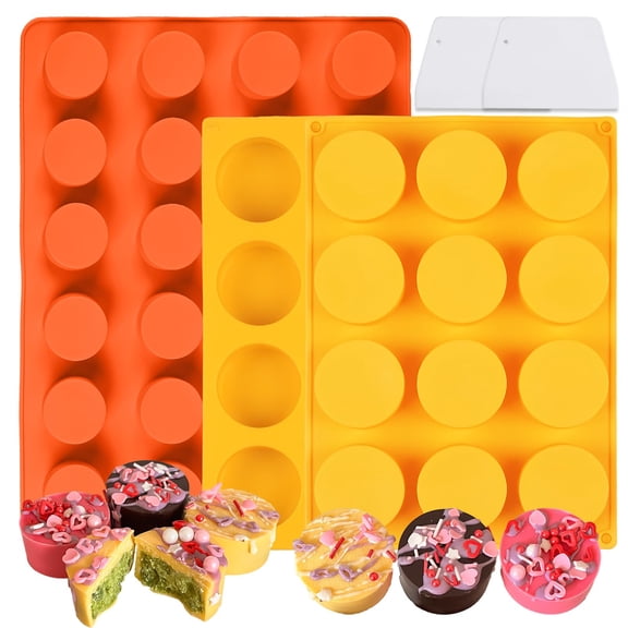 24-Cavity Round Cake Puck Silicone Mold Set with 2 Spatulas, 2 Sizes for DIY Desserts