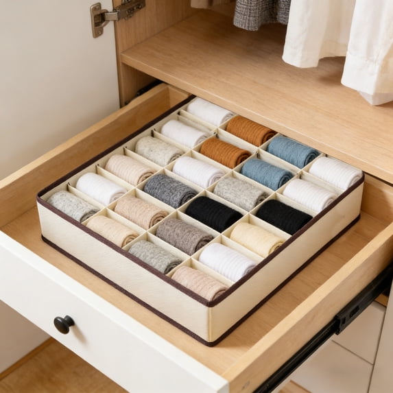 24 Cell Foldable Drawer Organizer, Non-Woven Sock and Underwear Storage Box, Grid Divider Storage Container for Socks Ties Belts and Personal Accessories(White,32x10cm)