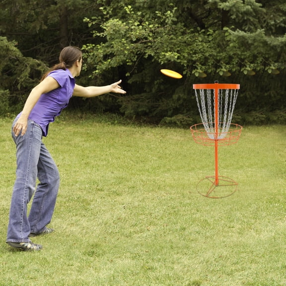 24-Chain Portable Round Disc Golf Basket, Professional Freestanding Training Stand & Practice Target with Heavy-Duty Chains, Metal Flying Disc Goal for Outdoor Yard Park Camping (Orange)