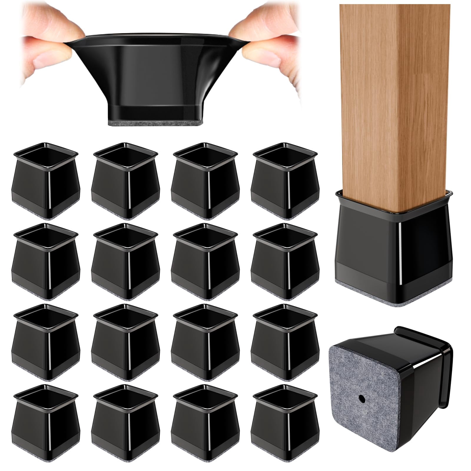 24 Chair Leg Floor Protectors Square Black Silicone Felt Furniture Pads Caps Covers For Hardwood Floors(fit:1-1/16" To 1-5/8")