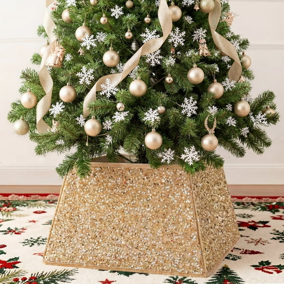 24" Champagne Sequin Christmas Tree Collar - 4-Piece Set, Sparkling Stand Cover for Festive Decor