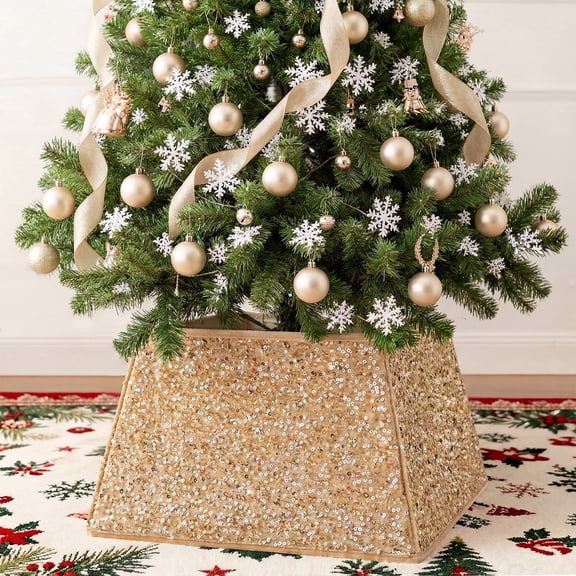 THE BRIVE Champagne Sparkling Sequin Christmas Tree Collar for Artificial Trees, 24 Inch Medium Tree Ring, Tree Stand Base Cover, Holiday Home Deco