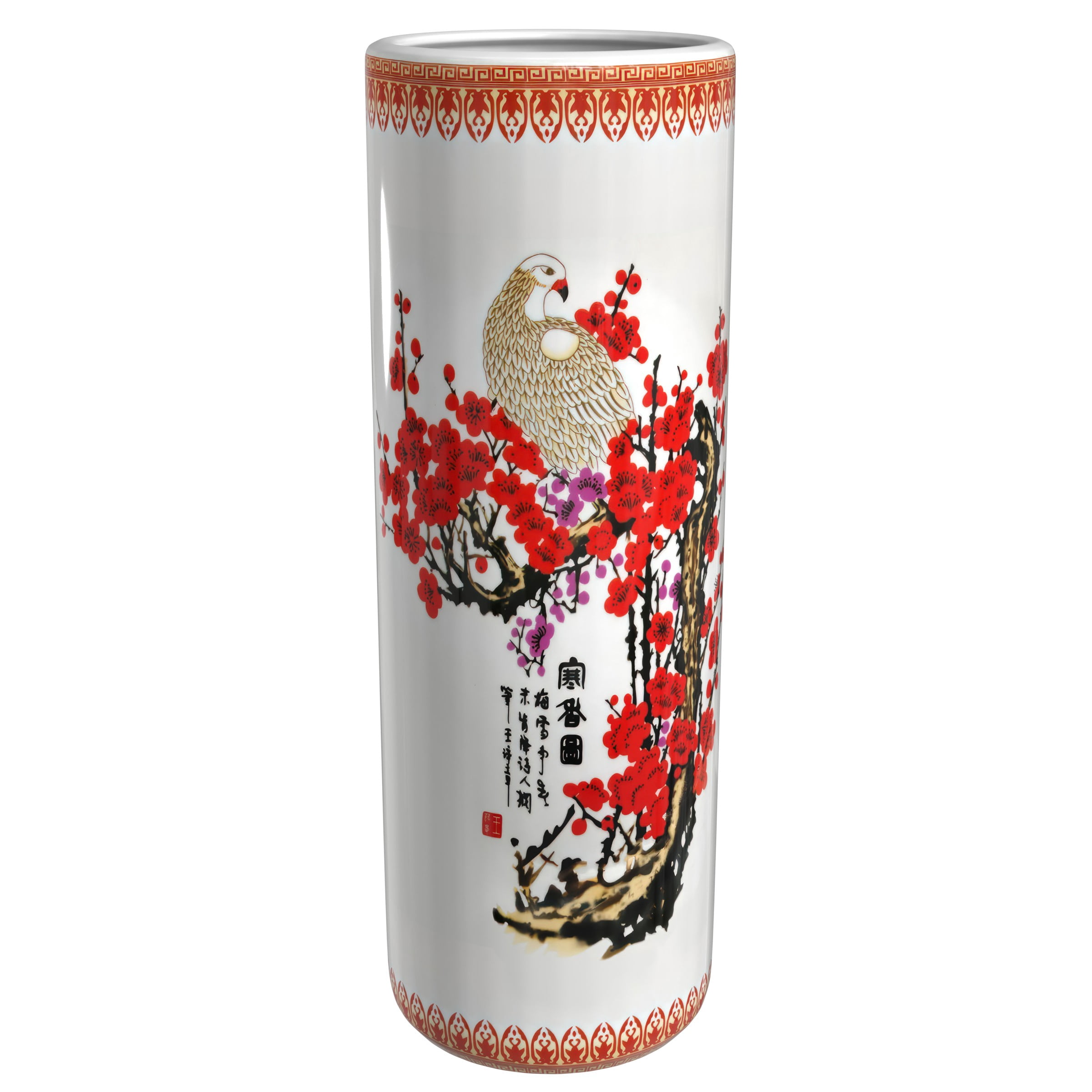 24" Cherry Blossom Design on White Porcelain Umbrella Stand