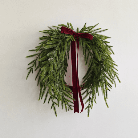 24" Christmas Artificial Cedar Wreath with Burgundy Velvet Bow Green Christmas Draping Oval Cedar Wreath for Front Door, Wall, Windows Indoor Outdoor Winter Festival Farmhouse Home Decor