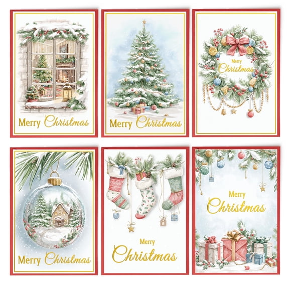 24 Christmas Cards Assortment, Festive Gold Foil Glitter Watercolor Bulk Xmas Cards with Envelopes & Messages - 6 Patterns, 4 3/4" x 7" for Friends, Family, Kids, Boys & Girls