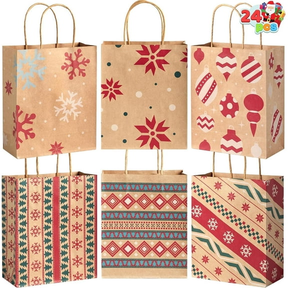 24 Christmas Kraft Gift Bags with Assorted Christmas Prints for Kraft Holiday Paper Gift Bags, Christmas Goody Bags, Christmas Gift Bags