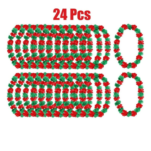 24 Christmas Leis in July Green Red White 2 Styles Flower Leis Bulk Tropical Hawaiian Flower Necklaces Christmas Theme Luau Dance Decoration Beach Pool Party Favor Supplies