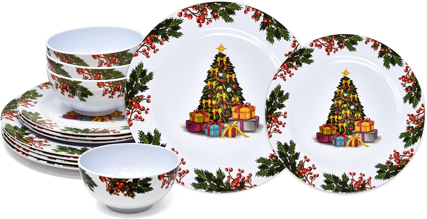 24 Christmas Melamine Dinnerware Set Holiday Plates Dishes Sets 8 11" Dinner Plates 8 9" Plates