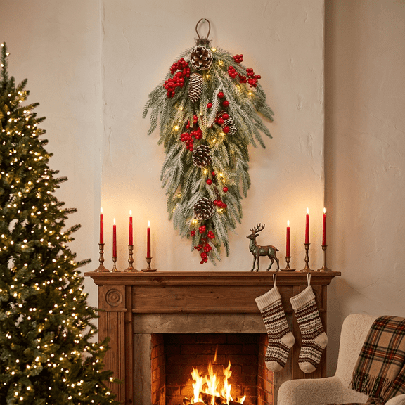 24" Christmas Teardrop Swag for Front Door, 20 LED Lights with Timer for Stair, Window, Wall, Mantel