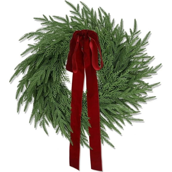 24" Christmas Wreath, Artificial Norfolk Pine & Cedar Greenery Wreath with Red Bows, Real Touch Holiday Wreaths for Indoor Outdoor Christmas Decorations, Seasonal Decor