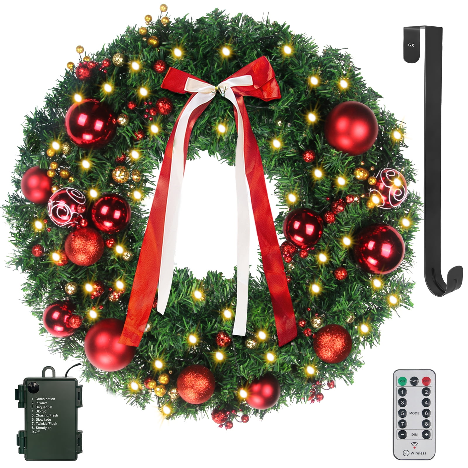 "24"" PreLit Artificial Christmas Wreath with LED Lights, Ornaments