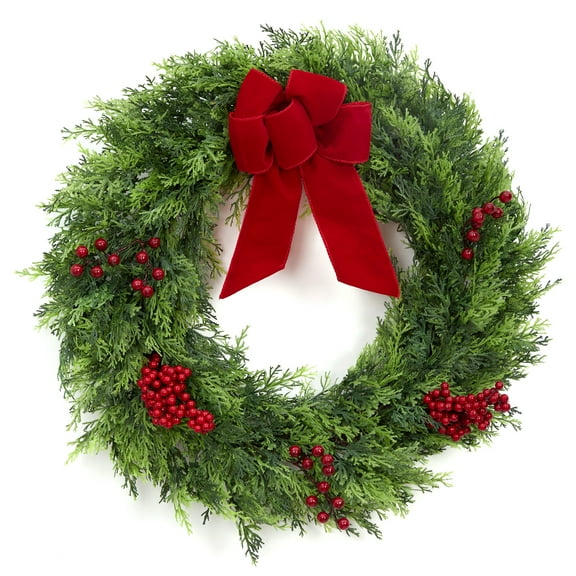 24 In Christmas Wreath, Large Artificial Green Cypress Wreath with Red Velvet Bow, Berry Clusters, Indoor Outdoor Xmas Wreath Decoration for Front Door, Window, Fireplace