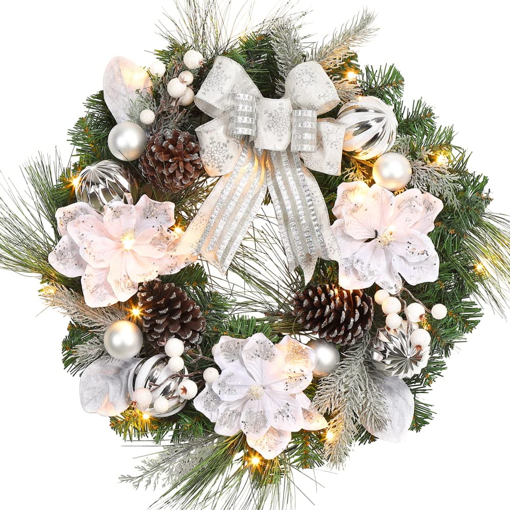 24" Christmas Wreath, Outdoor Christmas Wreath for Front Door, Battery