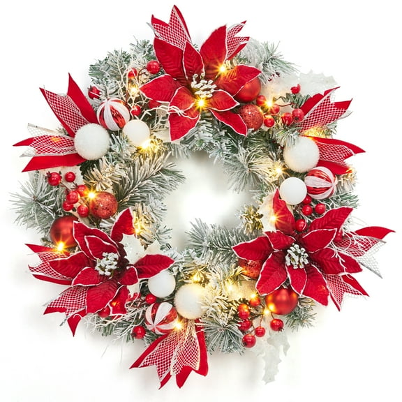 24 In Christmas Wreath, Pre-Lit Xmas Wreath with Red Berries and Christmas Decorations with Lights, Battery Operated for Front Door, Windows, Wall, Mantel,and Holiday Decoration