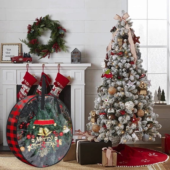 24" Christmas Wreath Storage Bag with Clear Window,Resistant Water Garland Wreaths Container with Zipper and Sturdy Carrying Handle for Xmas Holiday Seasonal Decoration