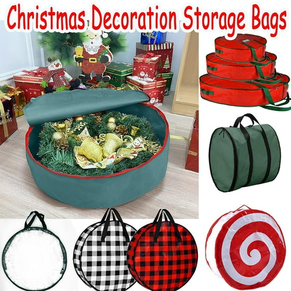 24" Christmas Wreath Storage Bag and Storage Box with Carry Handle, Durable Polyester Style Fabric Wreath Organizer with Protective Material and Zipper Closure, HAODEJW, A