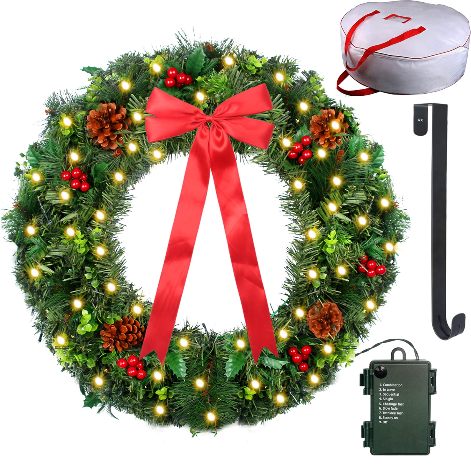 24" Christmas Wreath with LED Lights & Bag Prelit Xmas Door Wreath