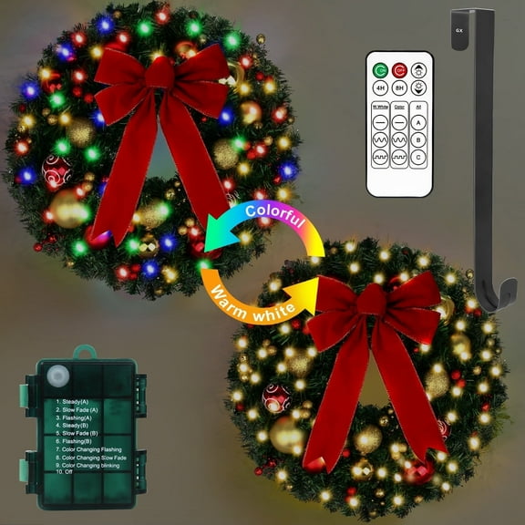 24" Christmas Wreath with LED Lights and Ball Ornaments- Artificial Prelit Door Wreath Garland Battery Operated with Remote & Timer & Hanger