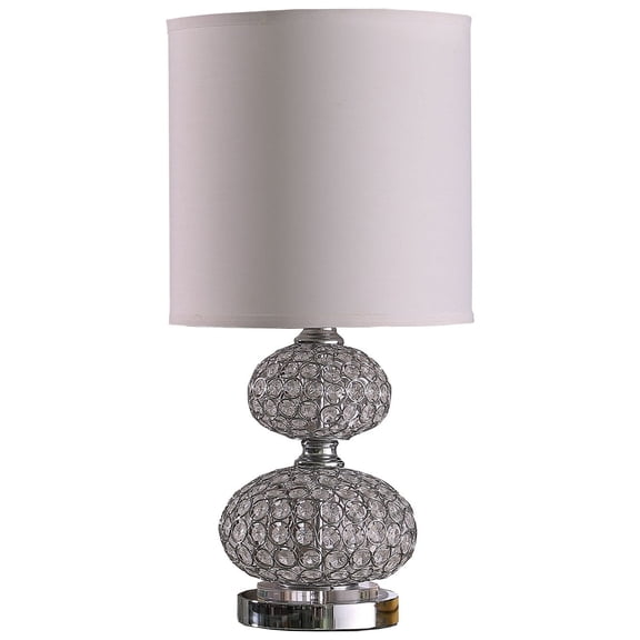 24" Chrome and Faux Crystal Double Orb Table Lamp With White Classic Drum Shade