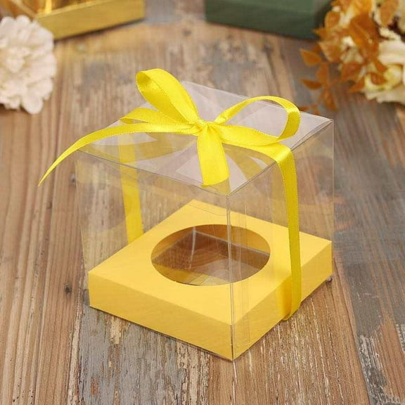 24 Clear Cupcake Yellow Color Gift Box with Yellow Satin Ribbon