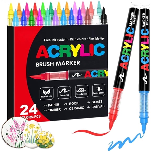 24 Color Acrylic Paint Markers Brush Tip, SFBOSF Vivid Colors with Direct-Liquid Ink Control System, Professional-Grade Paint Pen for Rock Painting, Canvas, Glass, Plastic, Fabric Creative Crafts