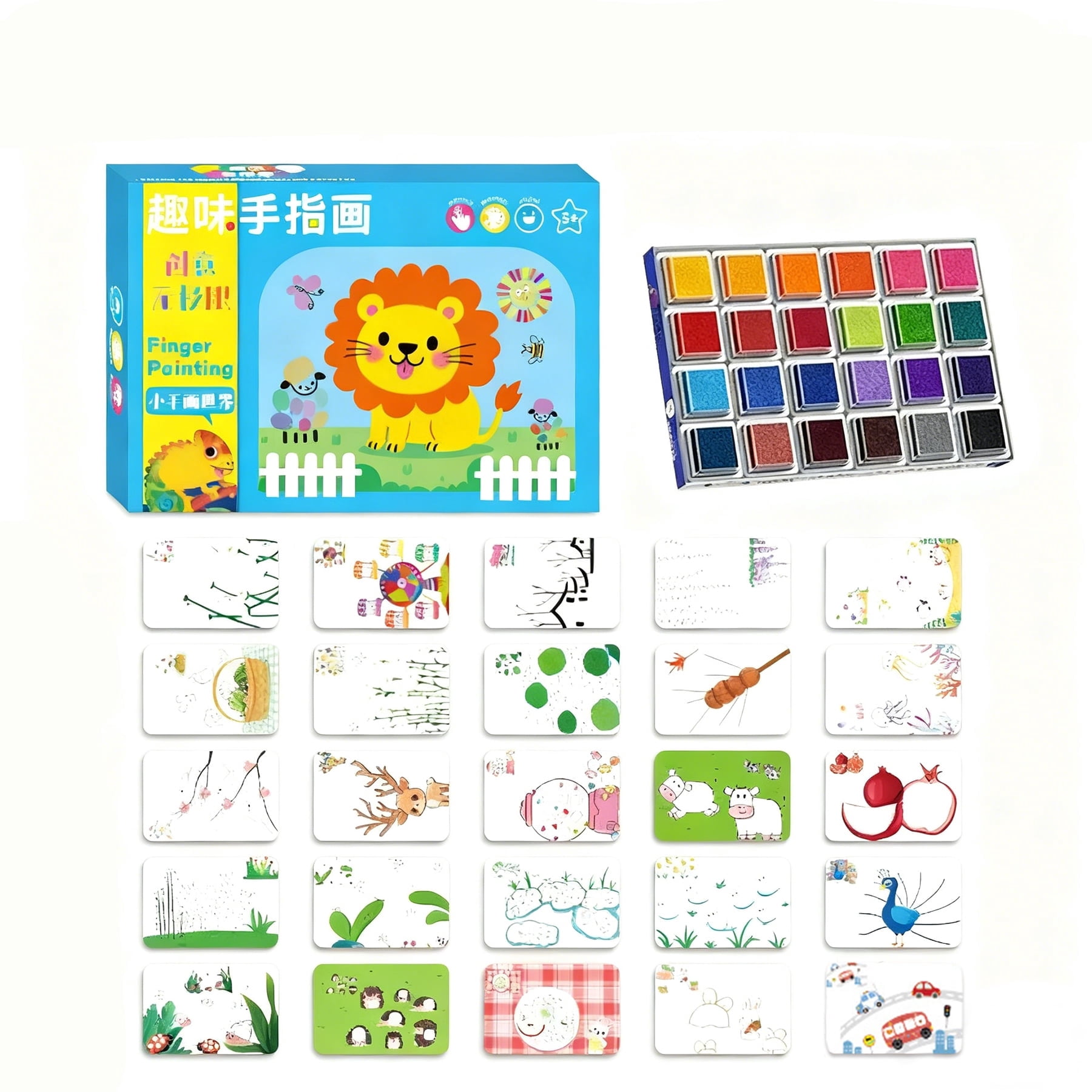 24-Color Ink Pad Sponge Finger Painting Kit + 25 Drawing Cards - Kids ...