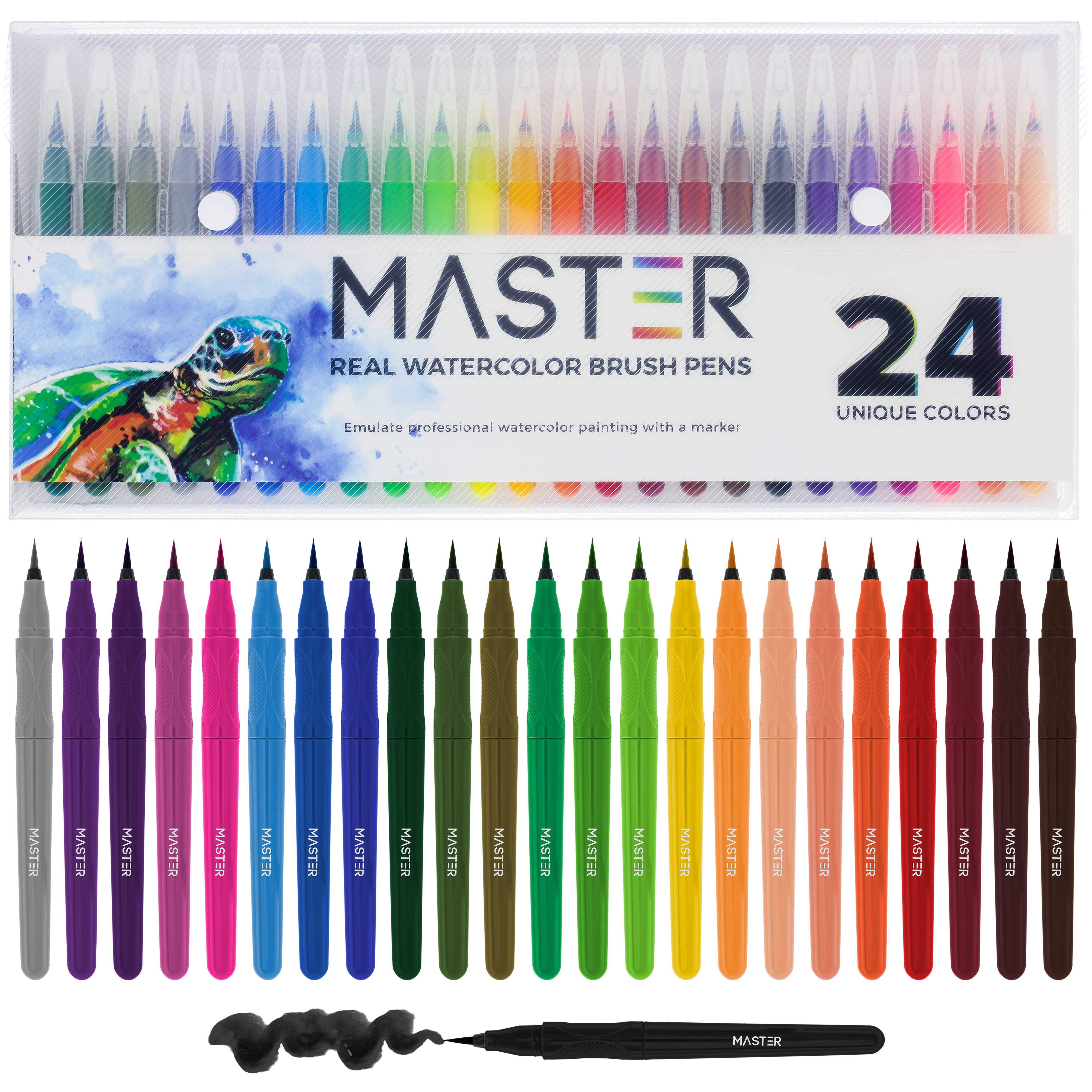 24 Color Master Markers Watercolor Soft Flexible Brush Tip Pens Set - Fine  & Broad Lines, Vibrant Colors Adult Coloring