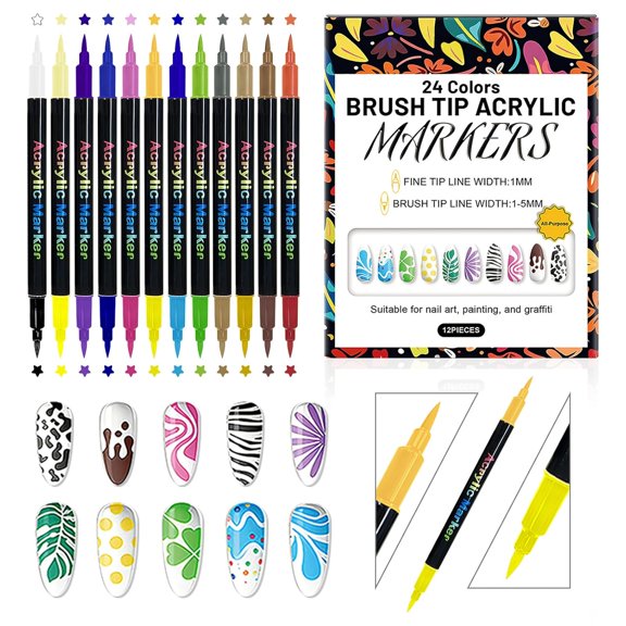 24 Color Nail Art Pen Set, 3D Nail Polish Pens, Double-Ended Quick-Drying Acrylic Paint Markers, Dotting Liner Brush for DIY Nail Design, Home & Salon Manicure Tools