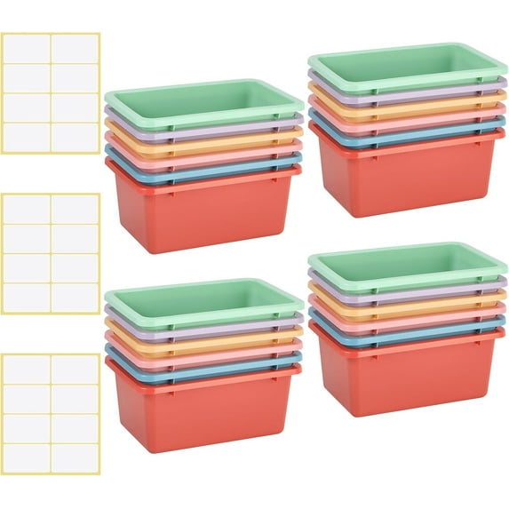 24 Color Plastic Bins with Self Adhesive Labels Classroom Book Bin Toy Storage Tub Organizer Container Box 11.6 x 7.7 Inch for Library Preschool Office Home, 6 Colors