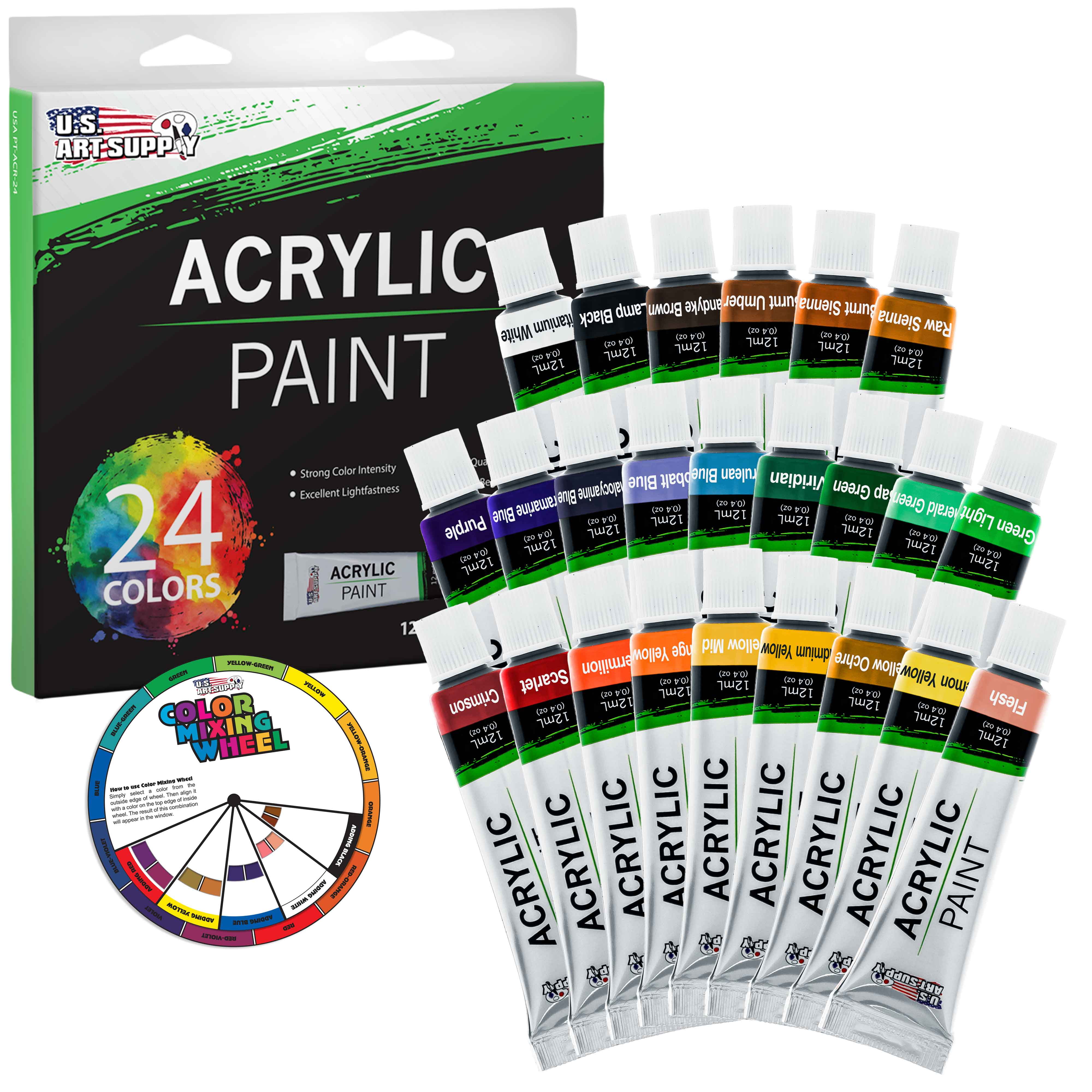 Acrylic Paint, 12ml Tubes with 3 FREE Paint Brushes - Set of 30