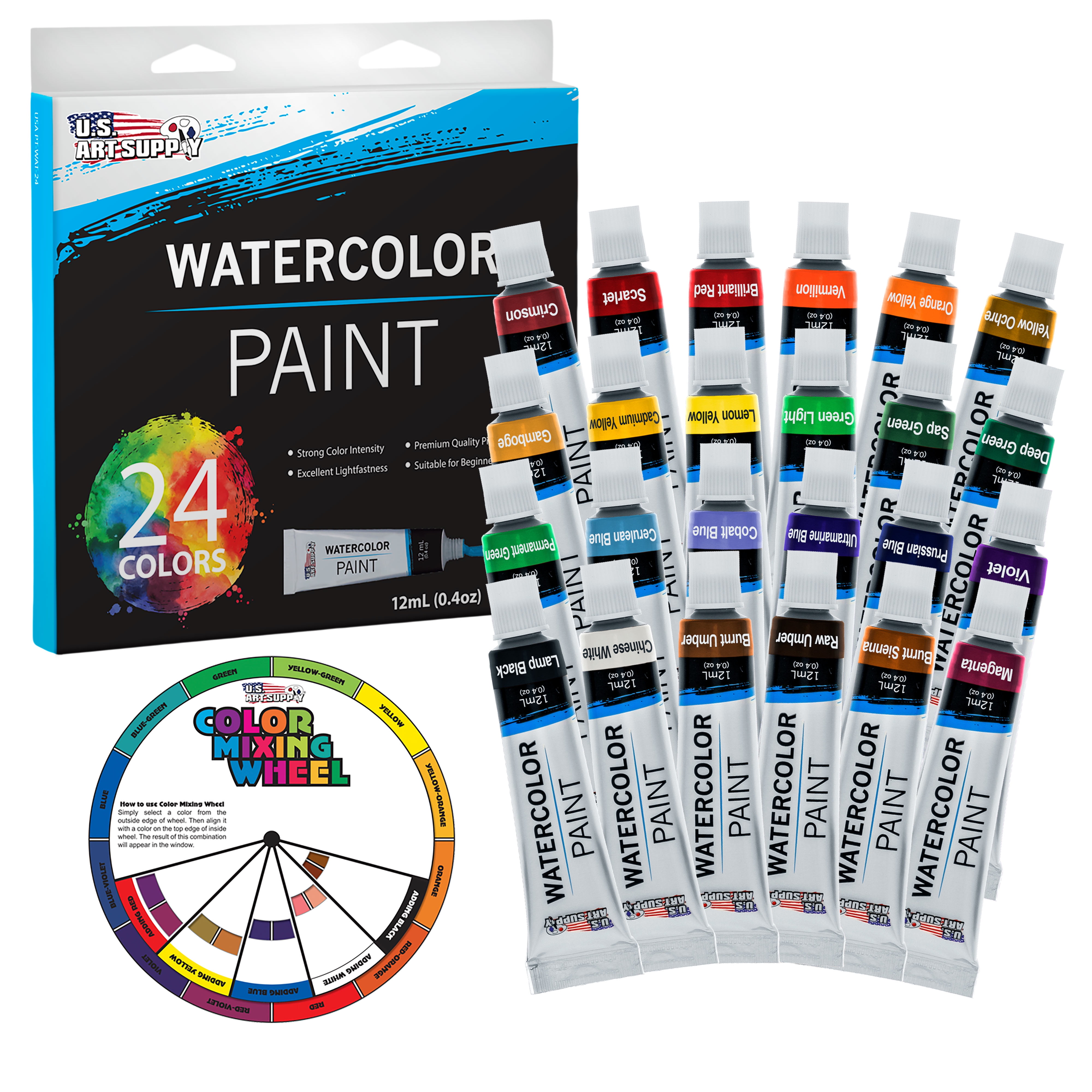Castle Art Supplies 24 x 12ml Watercolor Paint Tube Set | Value for Adult  Artists | Quality, Intense Colors | Just Squeeze The Tube, Mix with Water