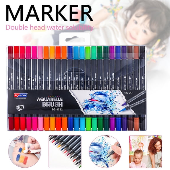 24 Color Washable Markers, 0.8mm Watercolor Brush Pens, Double-Headed Art Supplies for Adult Coloring Books, Drawing, Painting, Projects, Easy to Clean, Vibrant