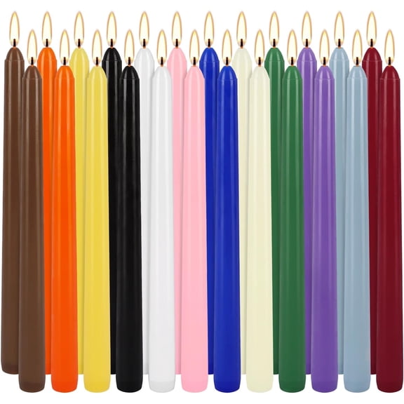 24 Colored Taper Candles, 7-8 Hours Burn Time, Unscented, Smokeless and Dripless, 0.75 x 10 Inch Dinner Candles for Weddings, Parties, Home Decor, and Candlesticks Set
