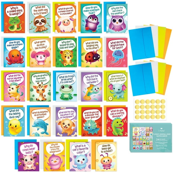 24 Colorful Animal Joke Notecards for All Ages Ideal for Friends, Family, Kids, Students, and Teachers! Share Laughter with Vibrant, Unique Humor
