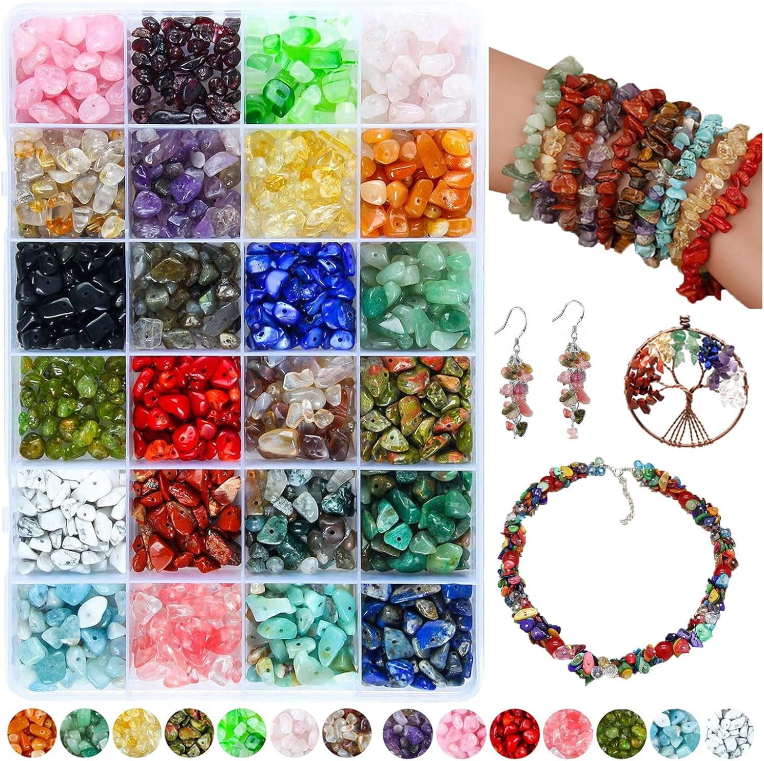 24 Colors 1200Pcs Natural Chips Stone Beads Multicolor 5mm to 8mm Irregular Gemstone Healing Crystal Loose Rocks Bead Bulk Hole Drilled DIY Jewelry Making Craft for Bracelet Necklace Earrings