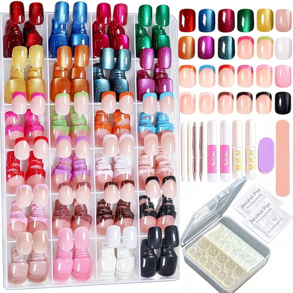 24 Colors 288 Pcs Press On Nails Kit, Full Cover False Nail for Women, Cat Eye Nails Short Round, Glossy Nails Press On French Tip with Glue, Natural Fit Lightweight for Christmas Nail Art